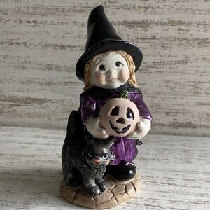 Vintage Witch Figurine with Black Cat Purple and Black